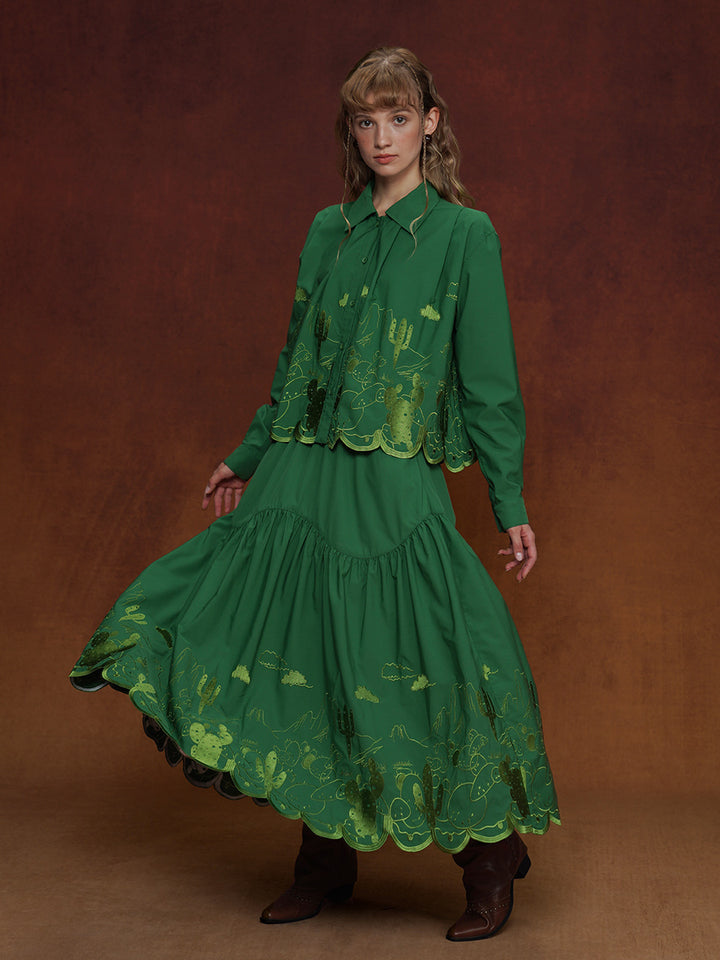 Original Design Women's Retro Pine Green Embroidered Shirt, Women's Relaxation, Niche Loose Top