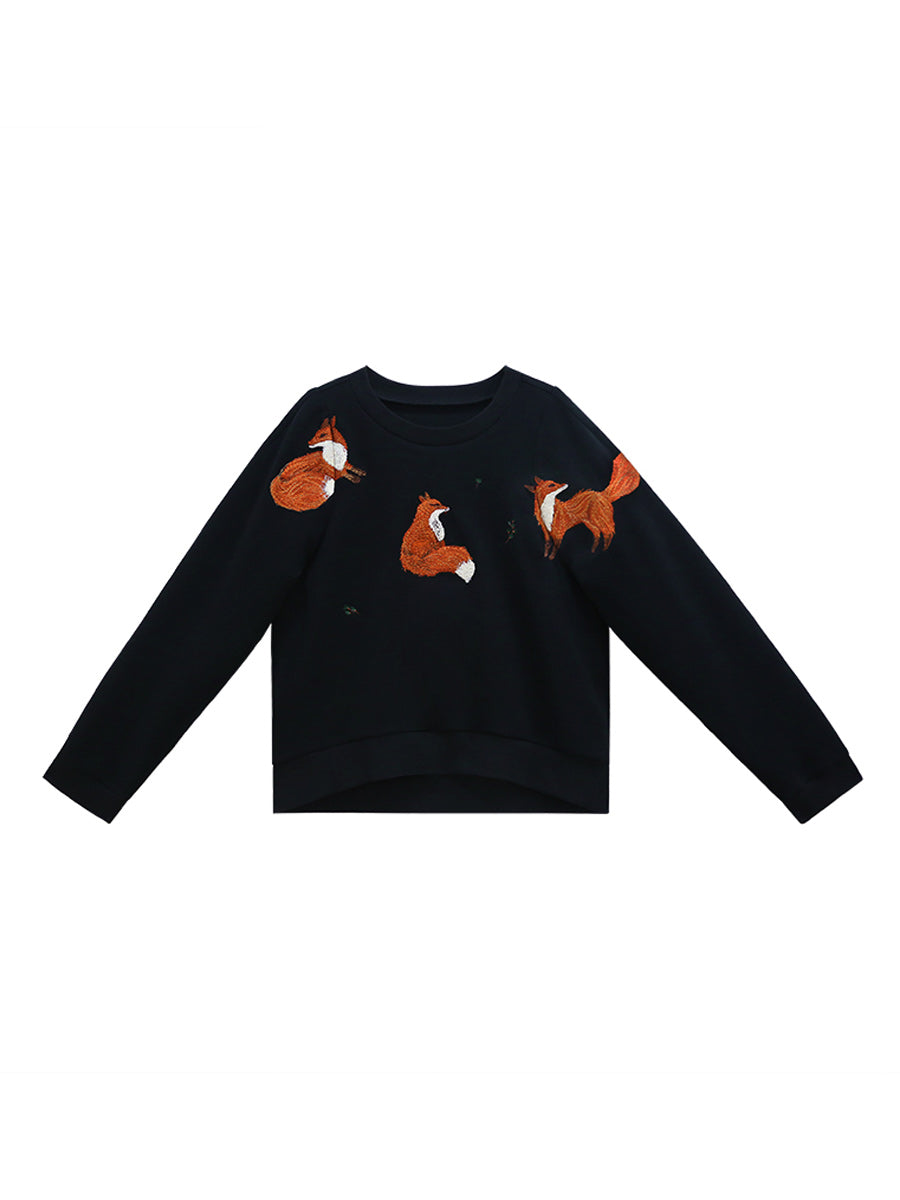 Original Design Red Fox Hoodie Exquisite Embroidery Wide Round Neck Top Age Reducing Soft Glutinous Spring and Autumn New Style
