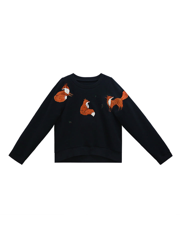 Original Design Red Fox Hoodie Exquisite Embroidery Wide Round Neck Top Age Reducing Soft Glutinous Spring and Autumn New Style