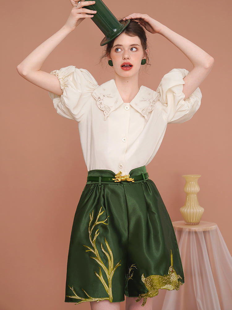 Whimsical Rabbit Tailored Bermuda Shorts - Slimming High-Waist Embroidered Casual Pants