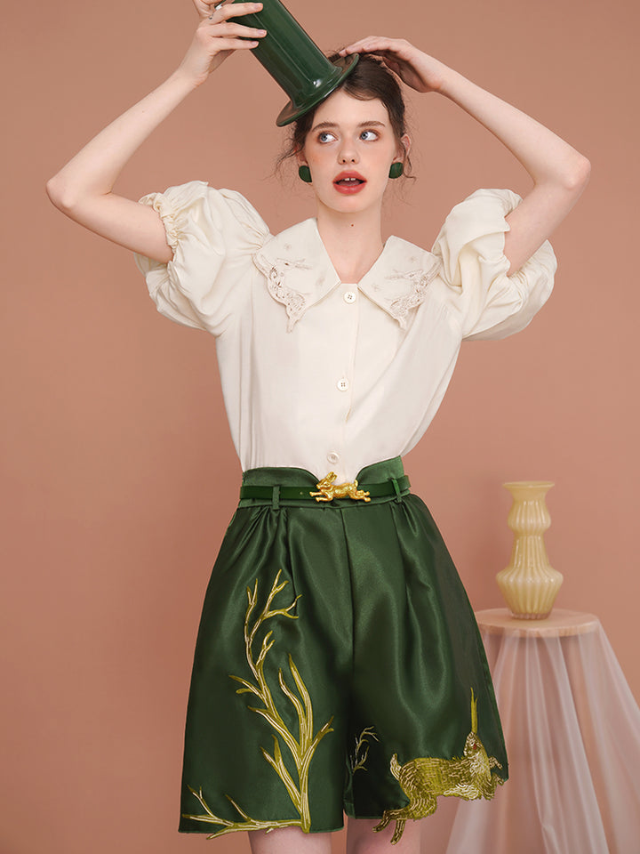 Whimsical Rabbit Tailored Bermuda Shorts - Slimming High-Waist Embroidered Casual Pants