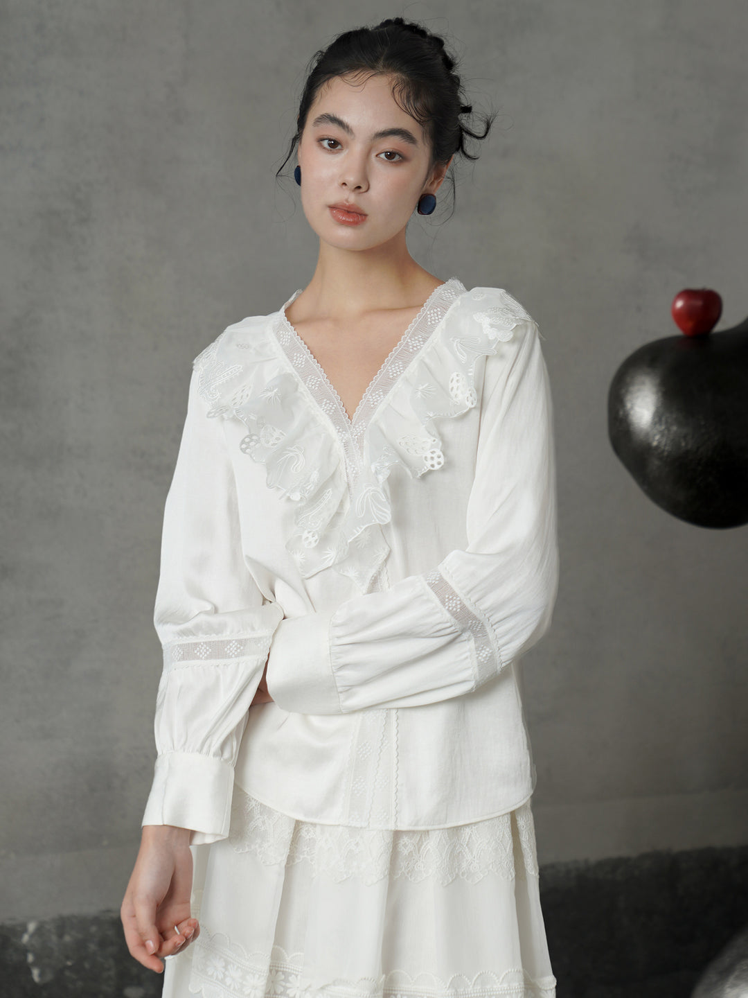 French V-Neck Embroidered Stand Collar Shirt | Romantic Girly Blouse