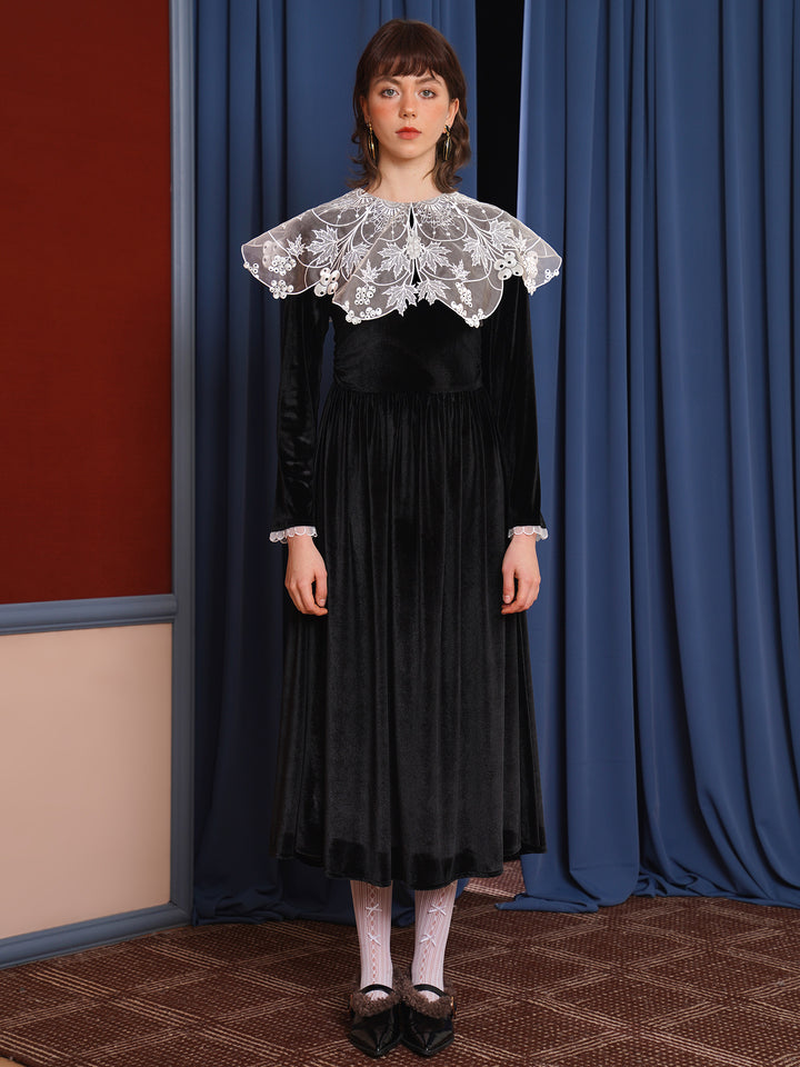 Velvet Noir French Retro Dress - Embroidered Large Lapel Slimming Black Midi