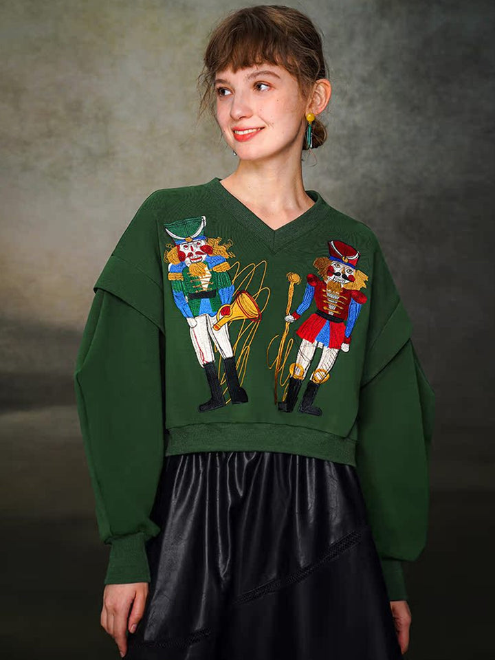 Original Design Nutcracker Embroidered Hoodie Wide V-neck Top Reduced Age Splicing Sleeves Autumn/Winter Collection