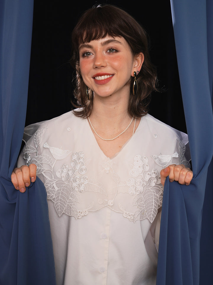 Palace Muse Antique White Shirt - Heavy Embroidered Big Lapel Winter Interior Blouse