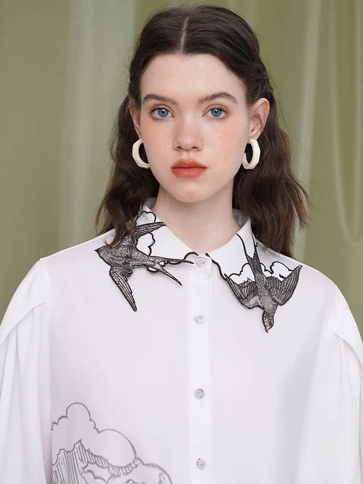 Original Embroidered Collar White Shirt Designer Style Small and Beautiful Versatile Top Women's Long Sleeve