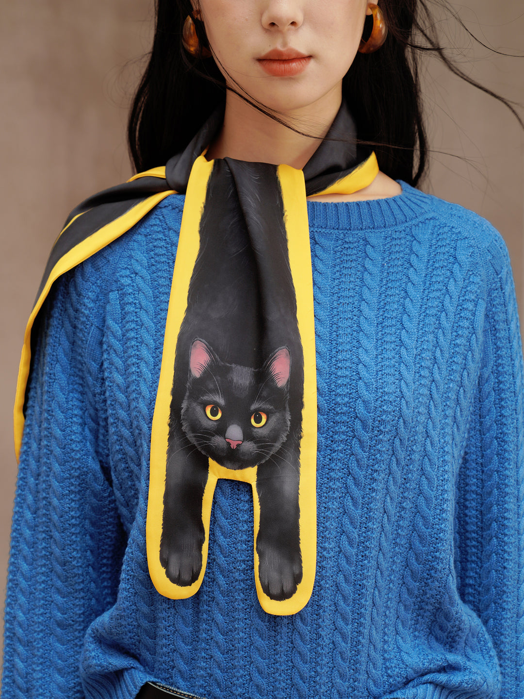 Golden Whiskers Little Black Cat Scarf - Smooth Silk-Feel Bright Yellow Neck Wrap