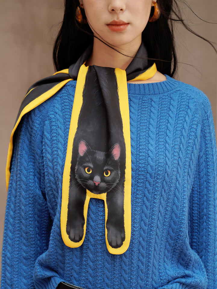Golden Whiskers Little Black Cat Scarf - Smooth Silk-Feel Bright Yellow Neck Wrap