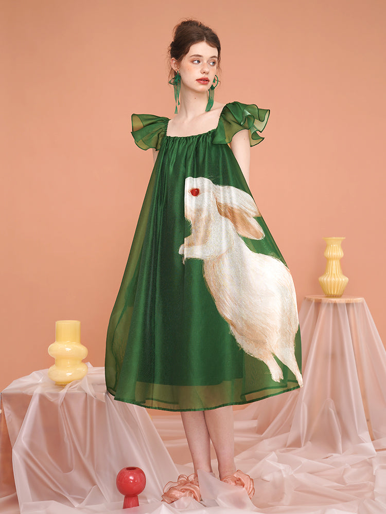 Whimsical Rabbit French Retro Dress - Romantic Flutter Sleeve Fairy Slimming Midi