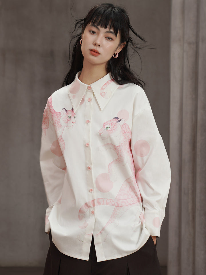 Original hand-painted pink leopard print shirt, niche retro designer style, lapel long sleeved loose top