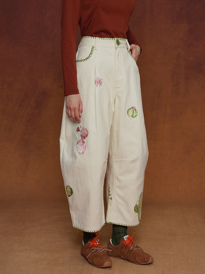 Original retro embroidered cactus casual pants for women, Cuban style high waisted straight leg wide leg pants, unisex style