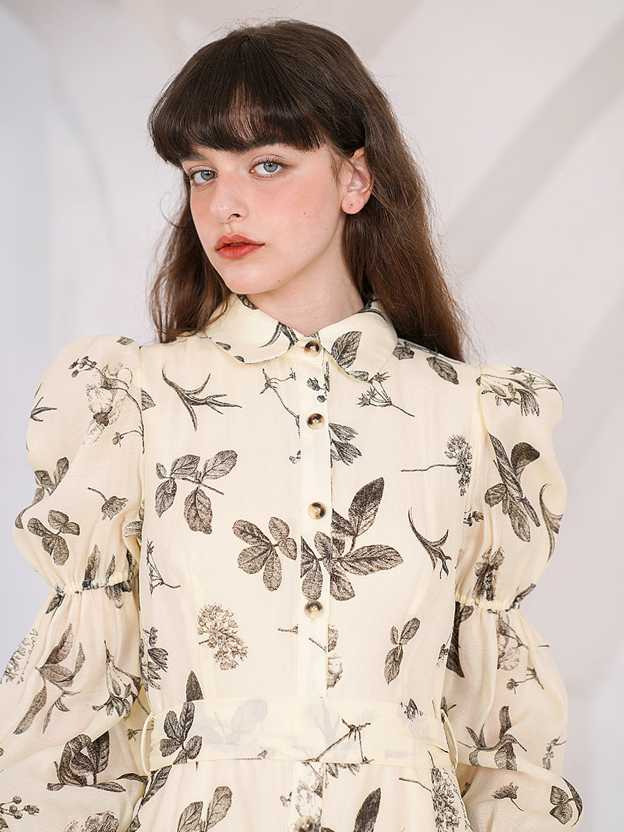 Original French retro plant print long sleeved dress for women with light apricot temperament, slimming commuting dress