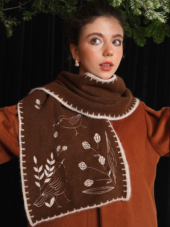 Original Retro Forest Embroidered Scarf Thickened Soft Sticky Skin friendly Shawl Warm Classic Deep Brown Gift