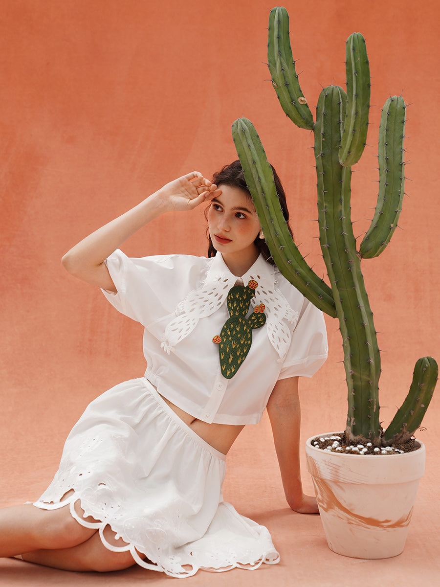 Desert Island Cactus Embroidery Tie, niche retro green knot free accessory gift, original by Kamo