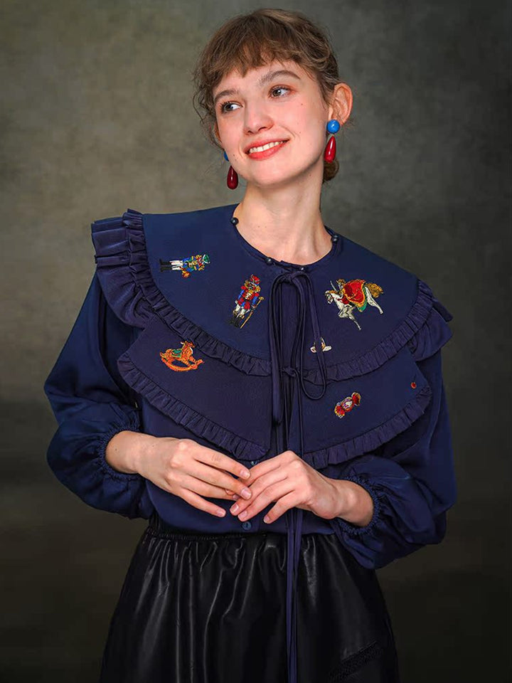 Original design Embroidered shirt French retro manor loose and detachable shawl top for autumn and winter women