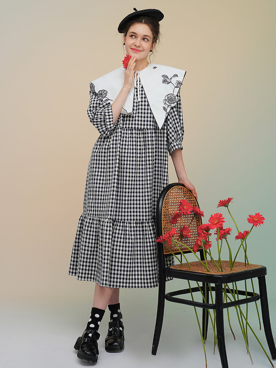 Original Embroidered Rose French Retro Long Sleeve Dress with Classic Black and White Grid Medium length Dress for Women