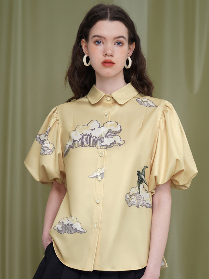 Original 2025 new design sense niche short sleeved printed bubble sleeve flower shirt women's retro top short