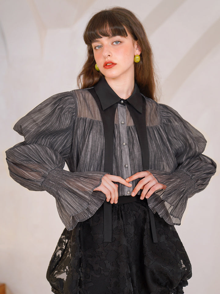 Original design collar shirt niche elegant black classic bubble sleeve spring/summer new long sleeved shirt for women