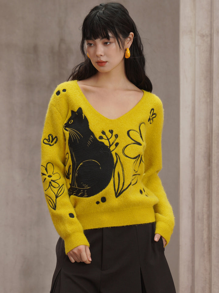 Black cat embroidery mixed sweater with rabbit hair, pullover vintage knitted shirt, skin-friendly soft and waxy V-neck