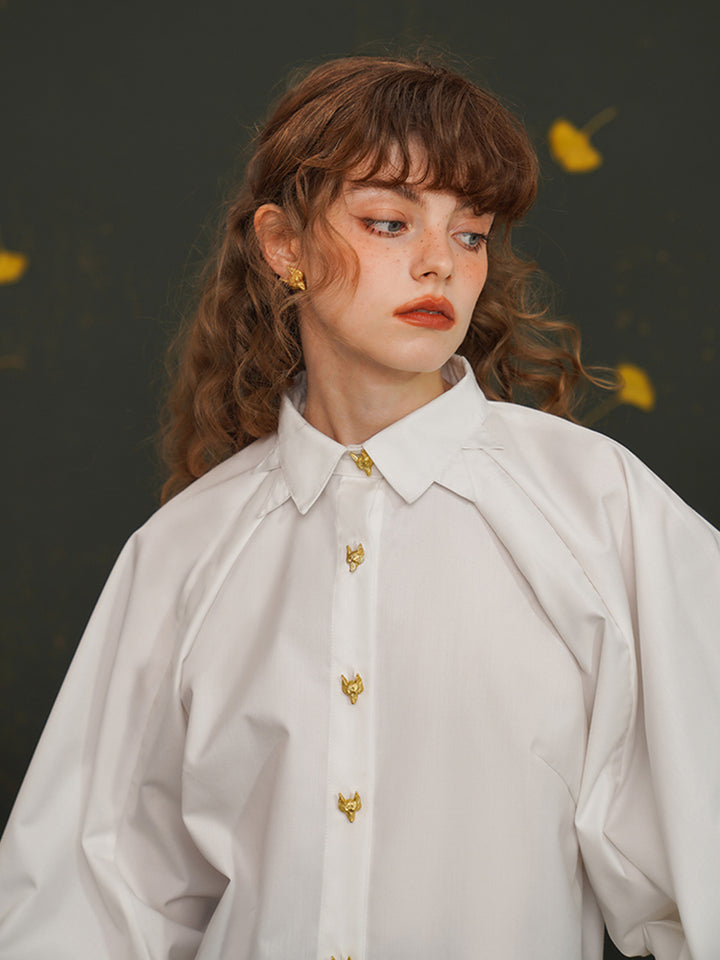 Fox Spirit  Lantern Sleeve Shirt - Heavy Embroidered Vintage White Blouse