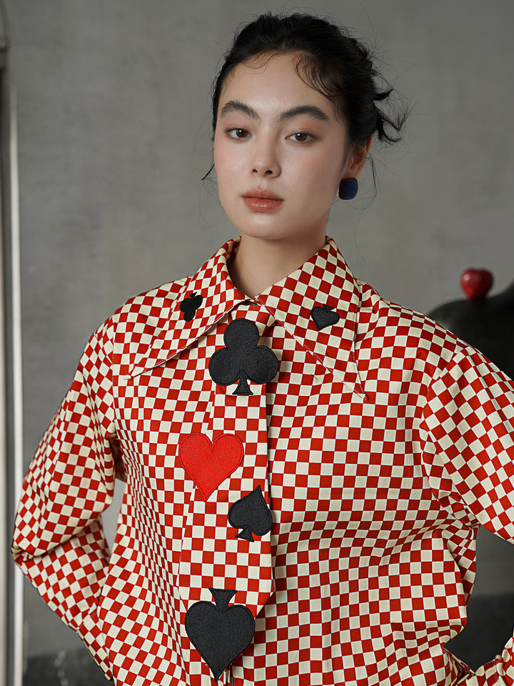 Vintage Red Diamond & Poker Embroidered Shirt | Preppy Style Lapel Blouse