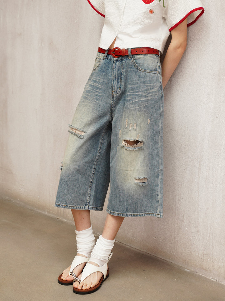 2026 vintage American style street jeans, ripped and washed, cropped pants for women, summer wide-leg pants, high-waisted pants