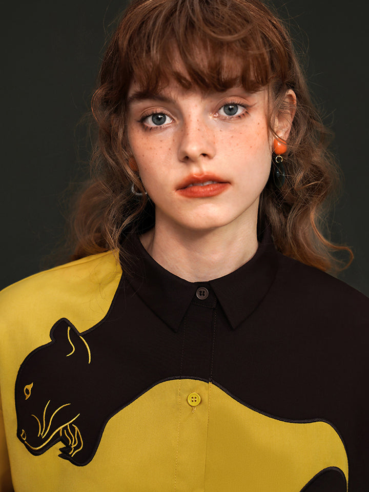 Original sleeved contrasting leopard shirt with artistic style retro spring top for women