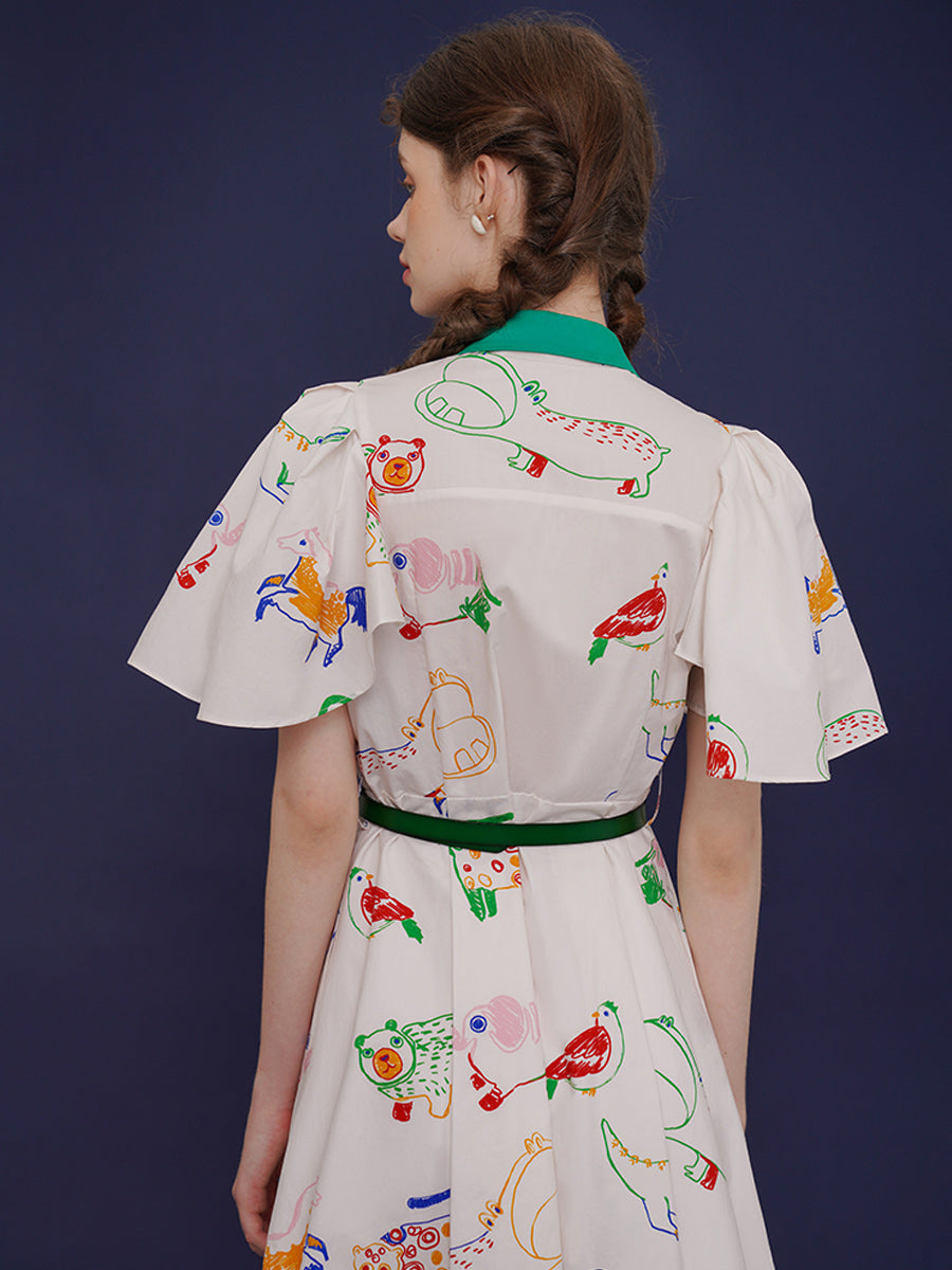 Original French retro bird graffiti full print dress, women's short sleeved white niche slimming dress