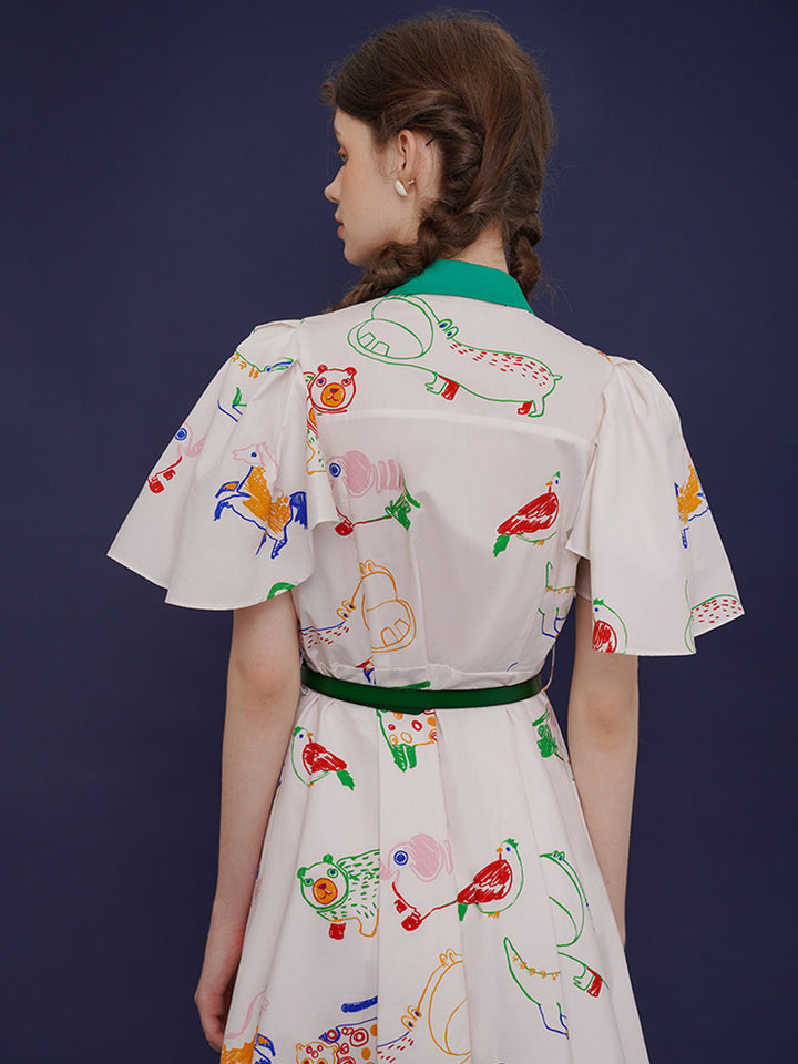 Original French retro bird graffiti full print dress, women's short sleeved white niche slimming dress