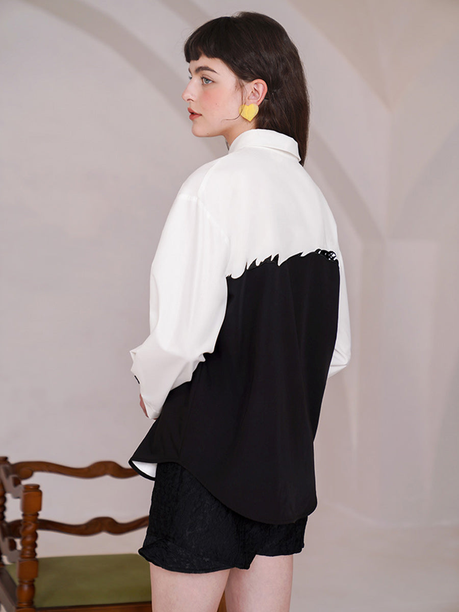 Camoooni Original design sense, contrasting color splicing shirt, niche long sleeved retro embroidered shirt, women's top