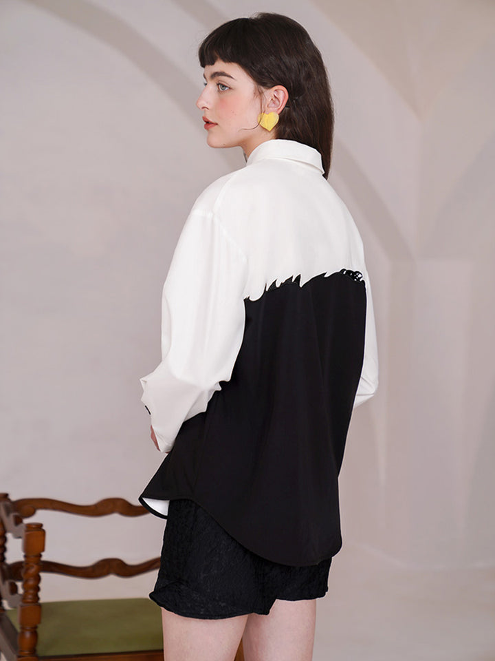 Camoooni Original design sense, contrasting color splicing shirt, niche long sleeved retro embroidered shirt, women's top