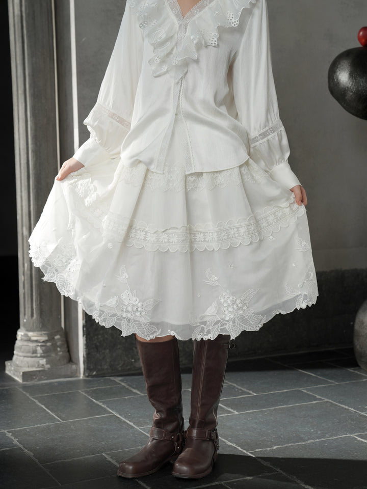 French Pearl White 3D Floral Embroidery Midi Skirt | Textured Flare Design