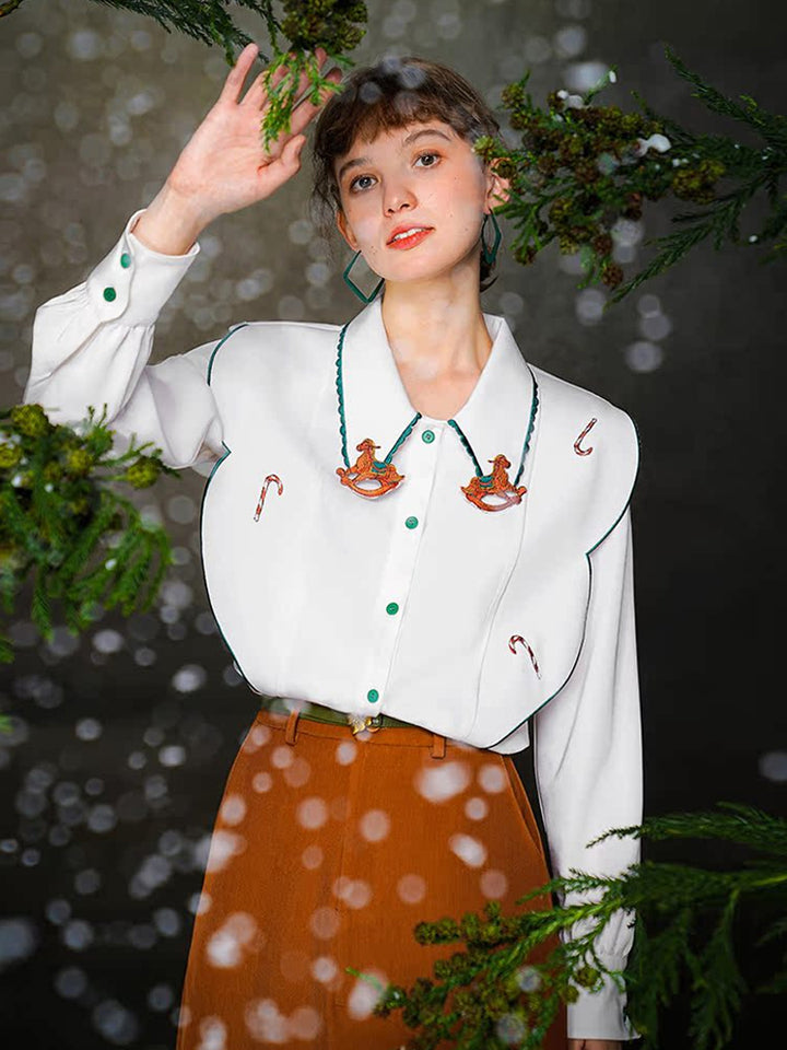 Original design, niche carousel embroidery collar splicing, retro contrasting white shirt, 2023 autumn/winter women's