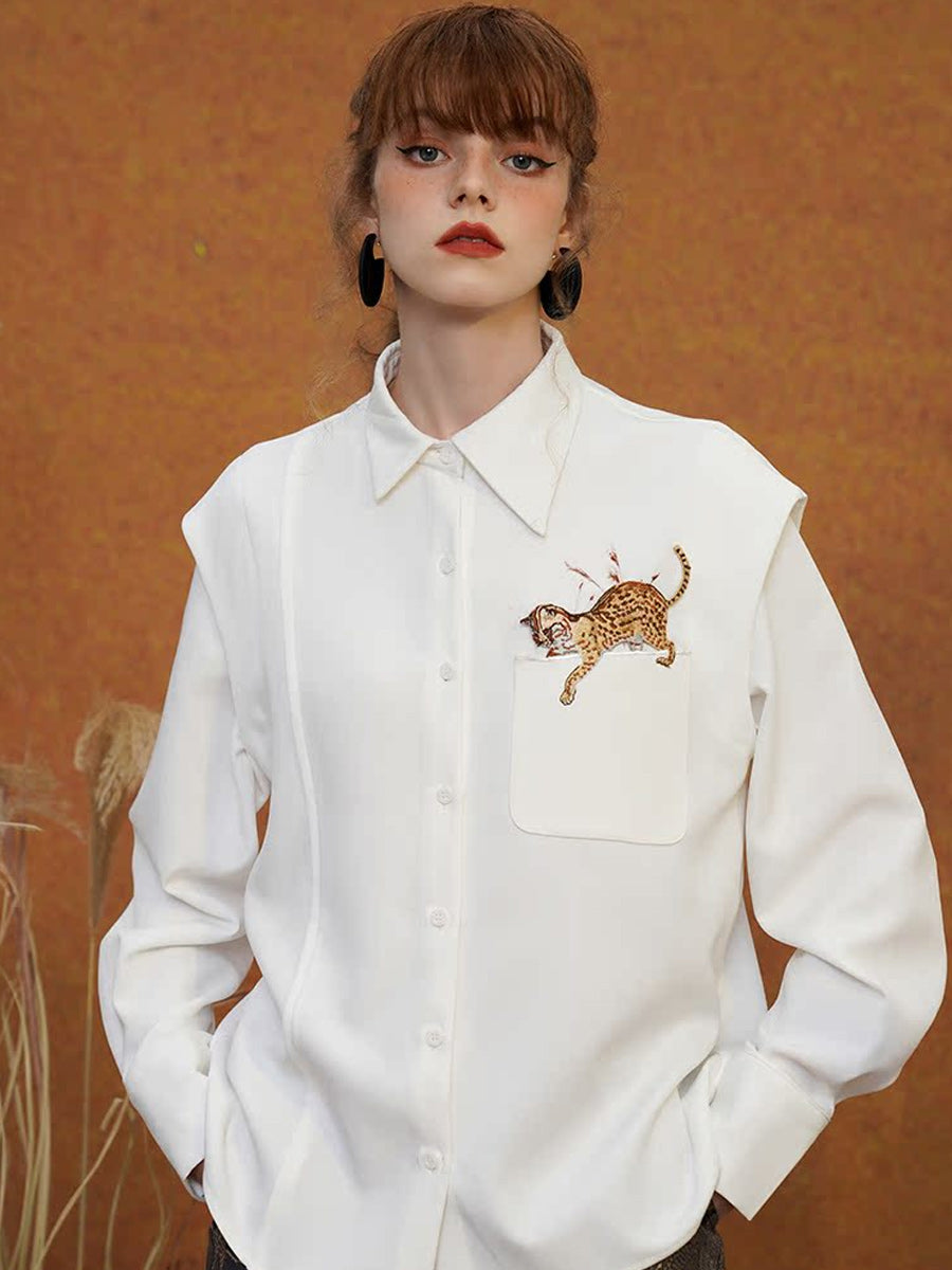 Original sleeved contrasting leopard shirt with artistic style retro spring top for women