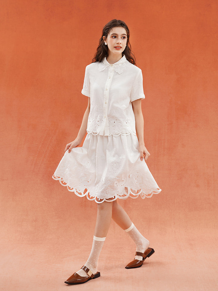 Original woven summer French style retro white shirt with plant embroidery and carved holes, slightly transparent, lightweight and versatile top