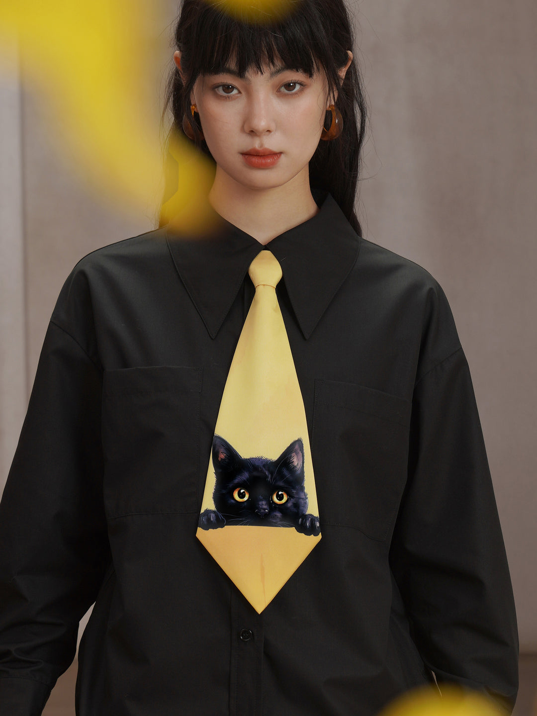 Original Black Cat Retro Printed Tie Yellow Short Arrow Shaped Accessory Women's New Product Tie Gift