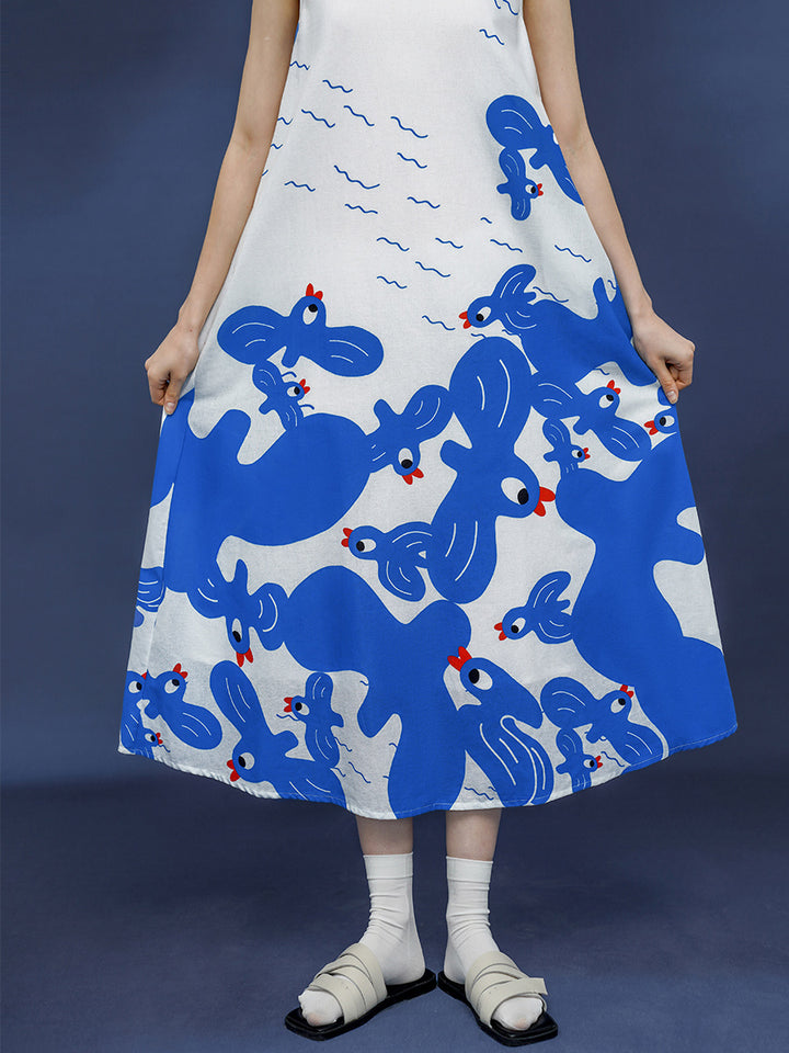 Original Summer Refreshing Blue and White Hand drawn Illustration Art Printed Dress Color Contrast Design Tank Top Long Dress