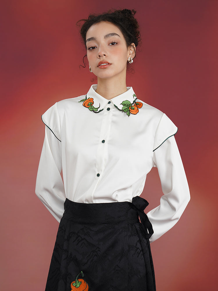 Persimmon Bliss  Cream Blouse - High-End New Chinese Retro Embroidered Top