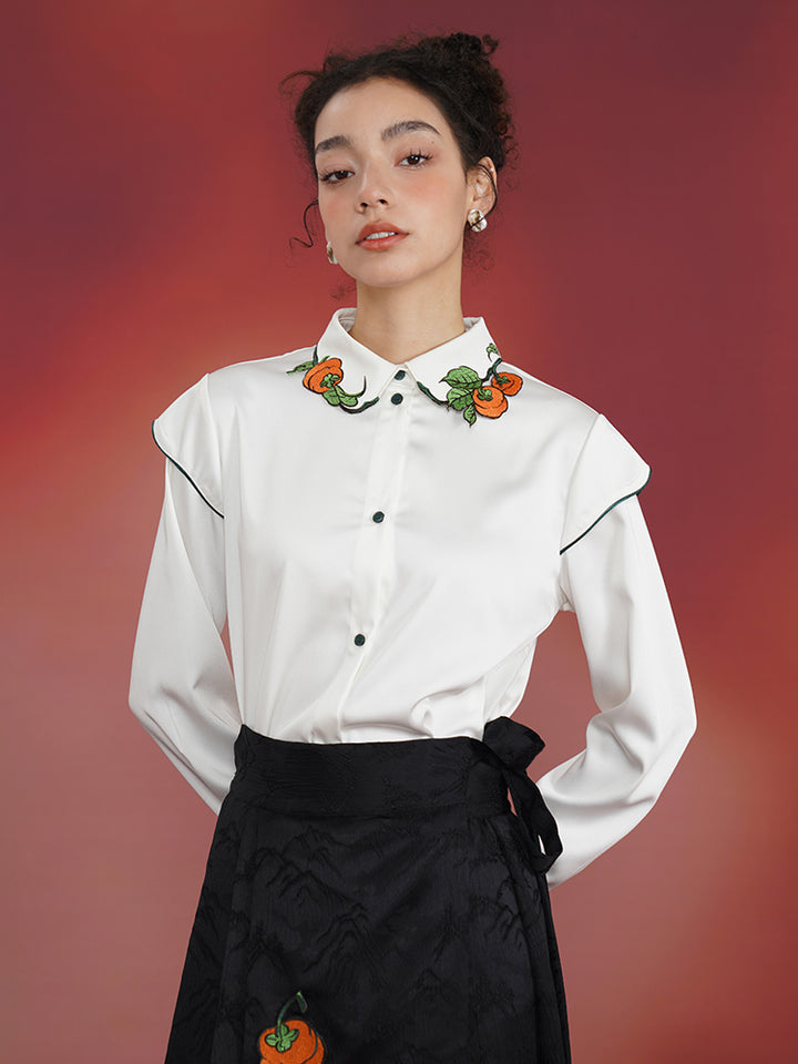 Persimmon Bliss  Cream Blouse - High-End New Chinese Retro Embroidered Top
