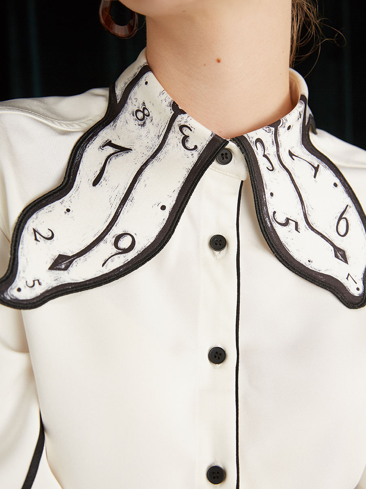 Early Autumn Original Design Time Passes Printed Embroidery Clock Collar Design Sense Niche Black and White Shirt for Women