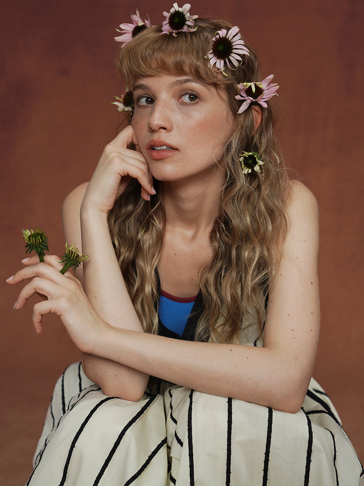 Original dress dress with camisole, retro striped dress, summer layered long dress, V-neck design feeling dress