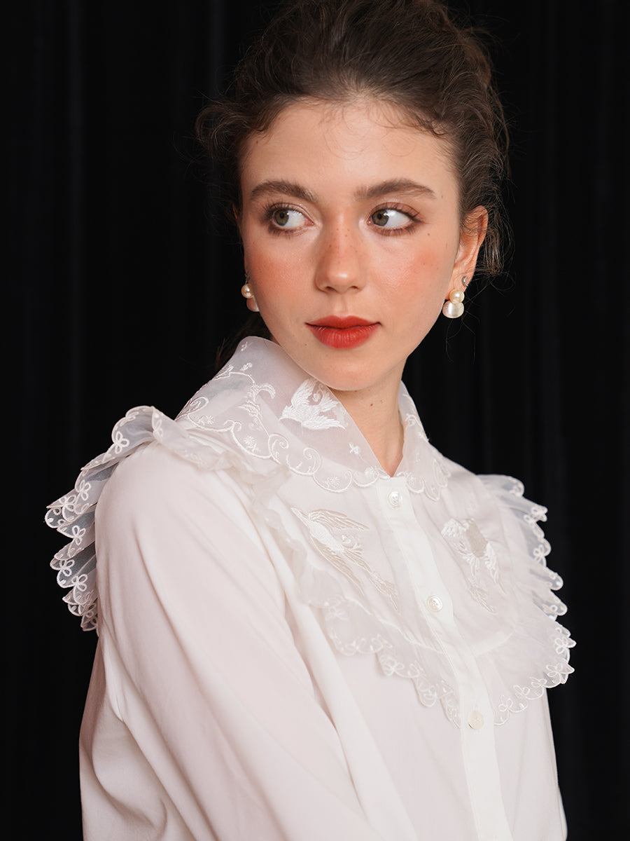 Original double-layer lace embroidered collar shirt French romantic spring/summer white top intellectual retro winter interior