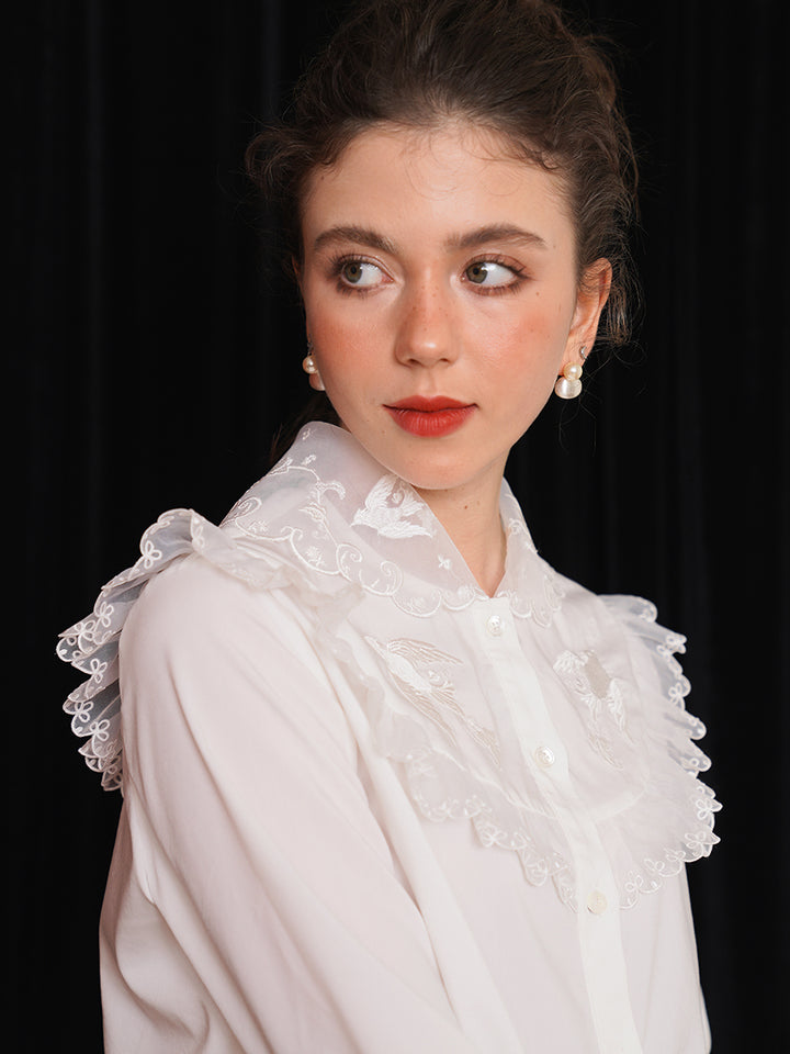 Original double-layer lace embroidered collar shirt French romantic spring/summer white top intellectual retro winter interior