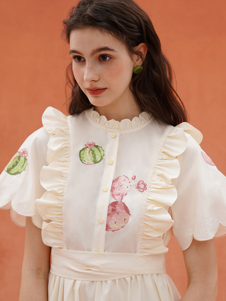 Original light French retro embroidered dress, summer sports bow long skirt, petal collar shirt