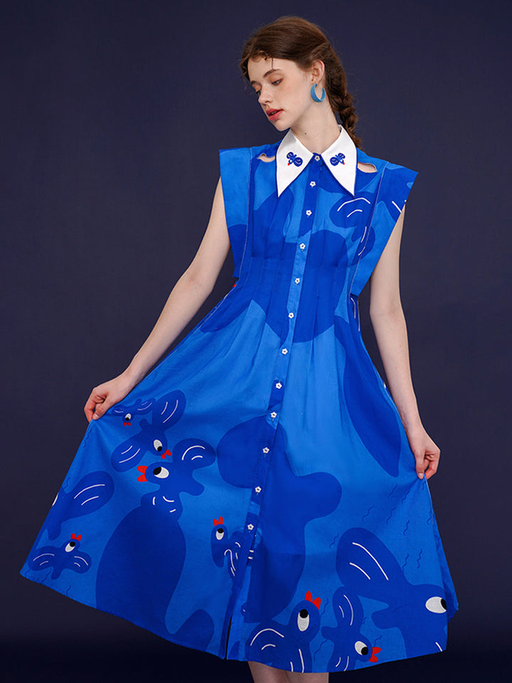 Original French Retro Bird Graffiti Printed Sleeveless Dress, Women's Blue Long Dress, Stylish and Slimming Skirt