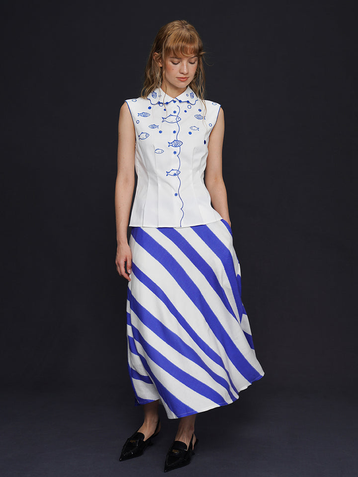 Original Ancient Plain Heavy Industry Fishbone Embroidery Shirt Artistic Women's Top 2025 Summer New Doll Neck