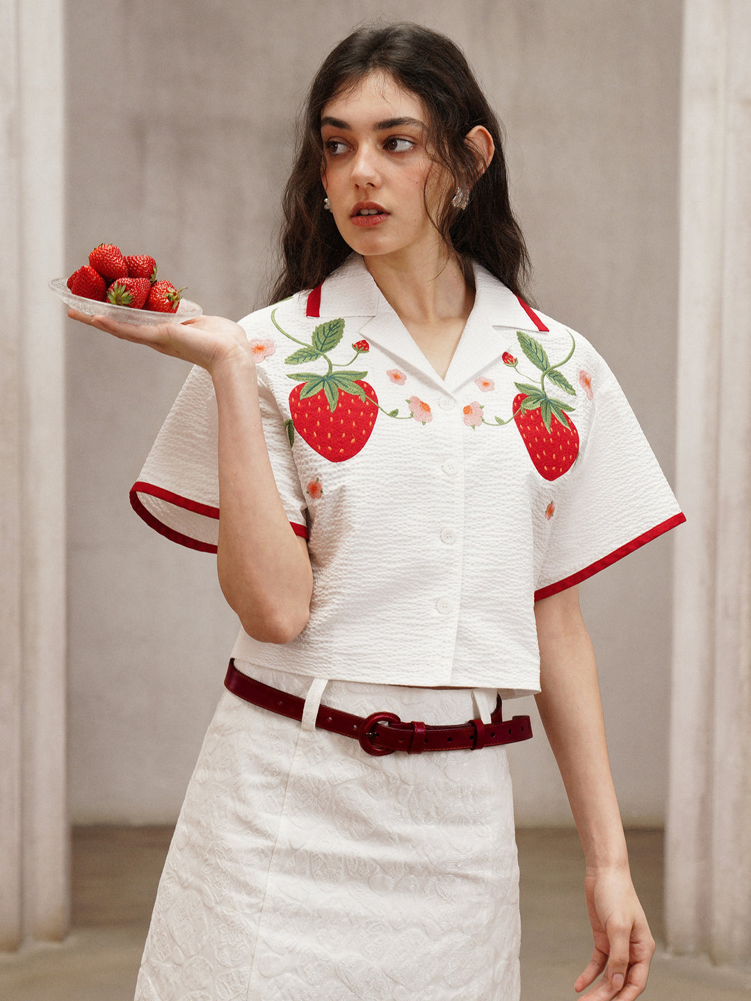 Strawberry Embroidered Cuban Collar Short-Sleeve Shirt