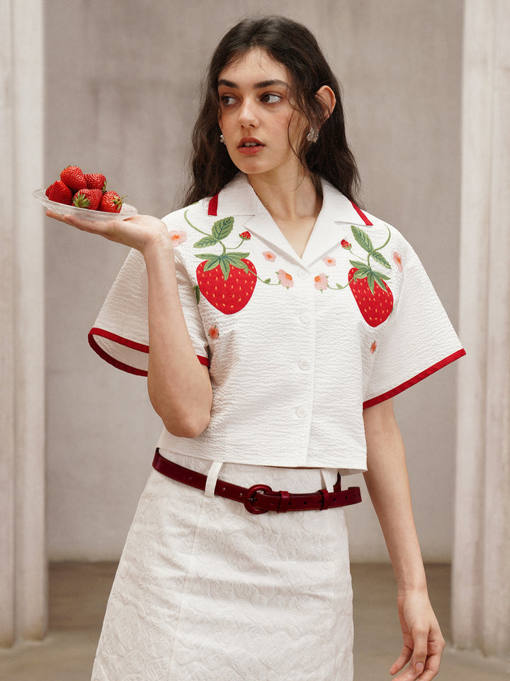 Strawberry Embroidered Cuban Collar Short-Sleeve Shirt