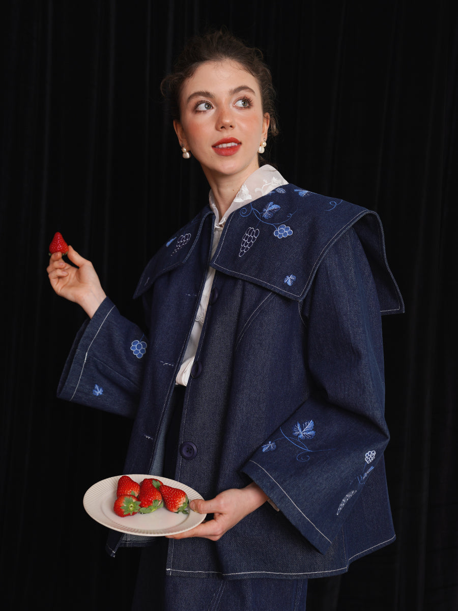 Original Heavy Industry Embroidered Cowboy Coat Spring Big Collar Top Retro Wide Sleeves Art Stand Cut