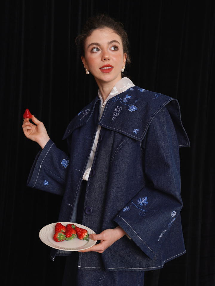 Original Heavy Industry Embroidered Cowboy Coat Spring Big Collar Top Retro Wide Sleeves Art Stand Cut